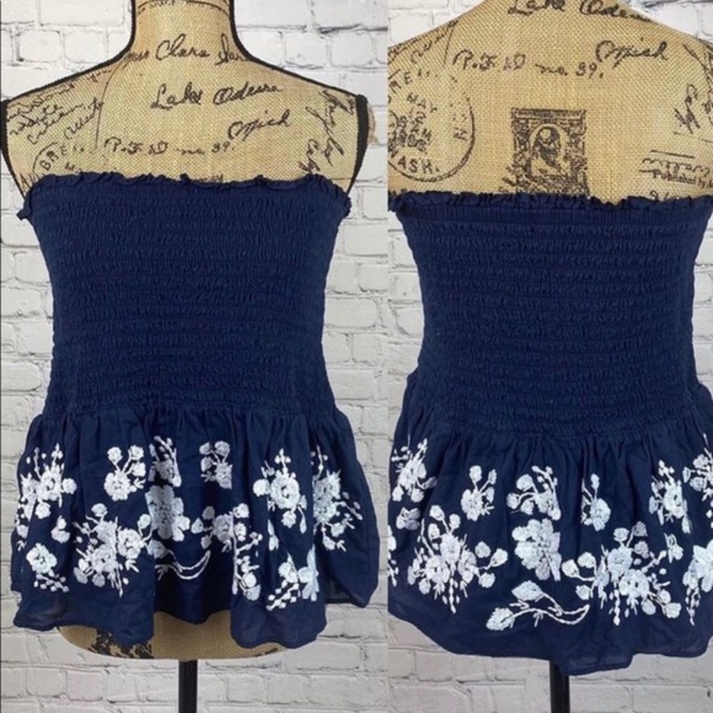 Point Sur Navy Blue Strapless Embroidery Details Top